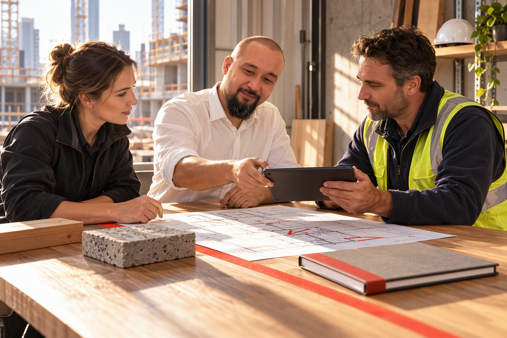Emmett Sati reviewing project drawings and a tablet with a project team beside a Melbourne construction site.