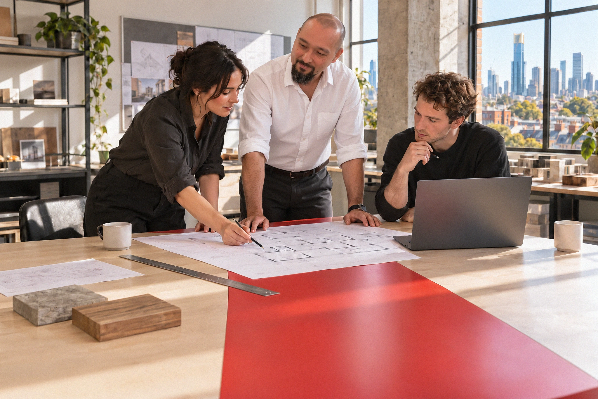 Emmett Sati discussing drawings with a project team in Melbourne.