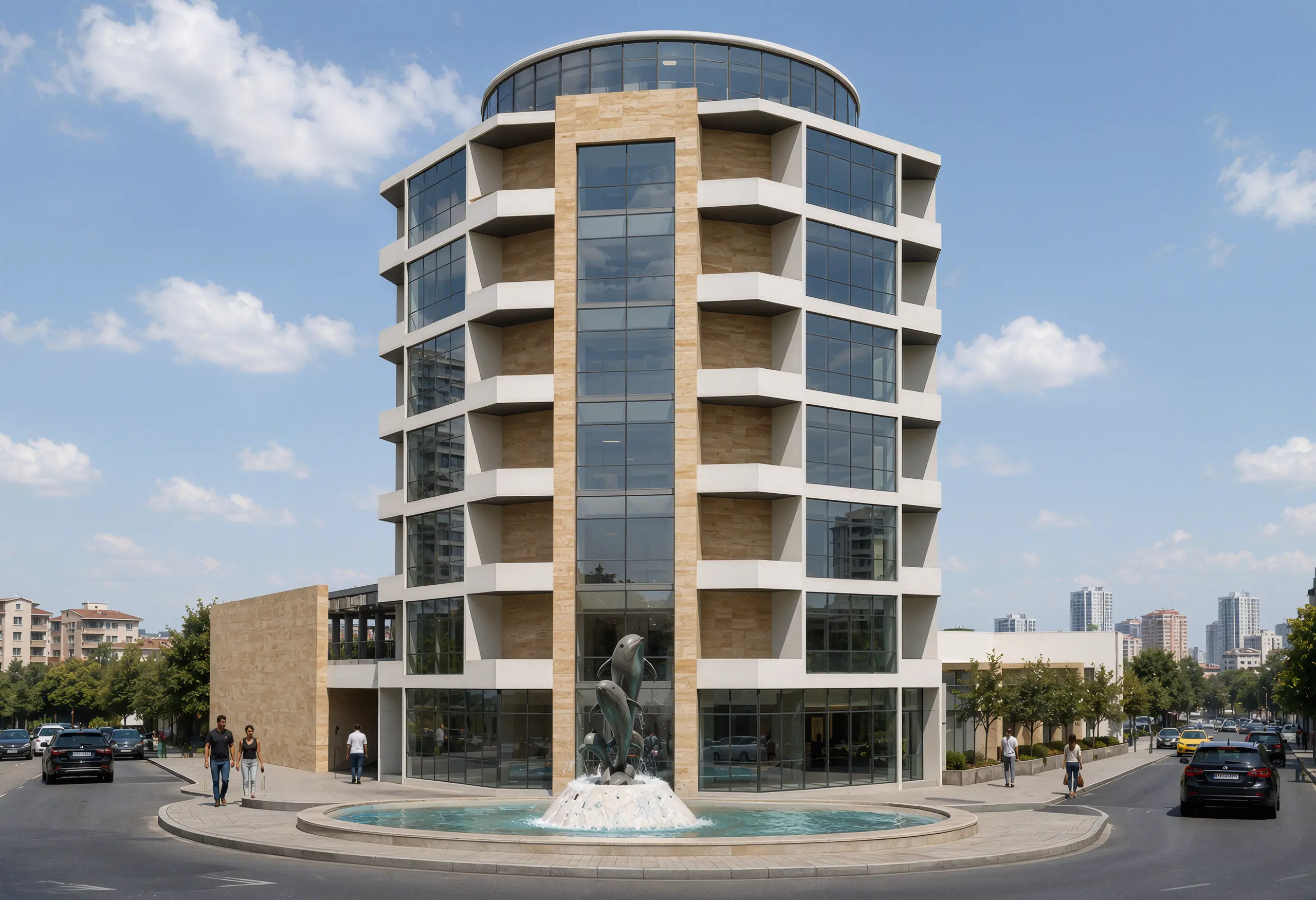 Street view of the Honeymoon in the City hotel tower with faceted balconies, stone cladding and a fountain at the entrance