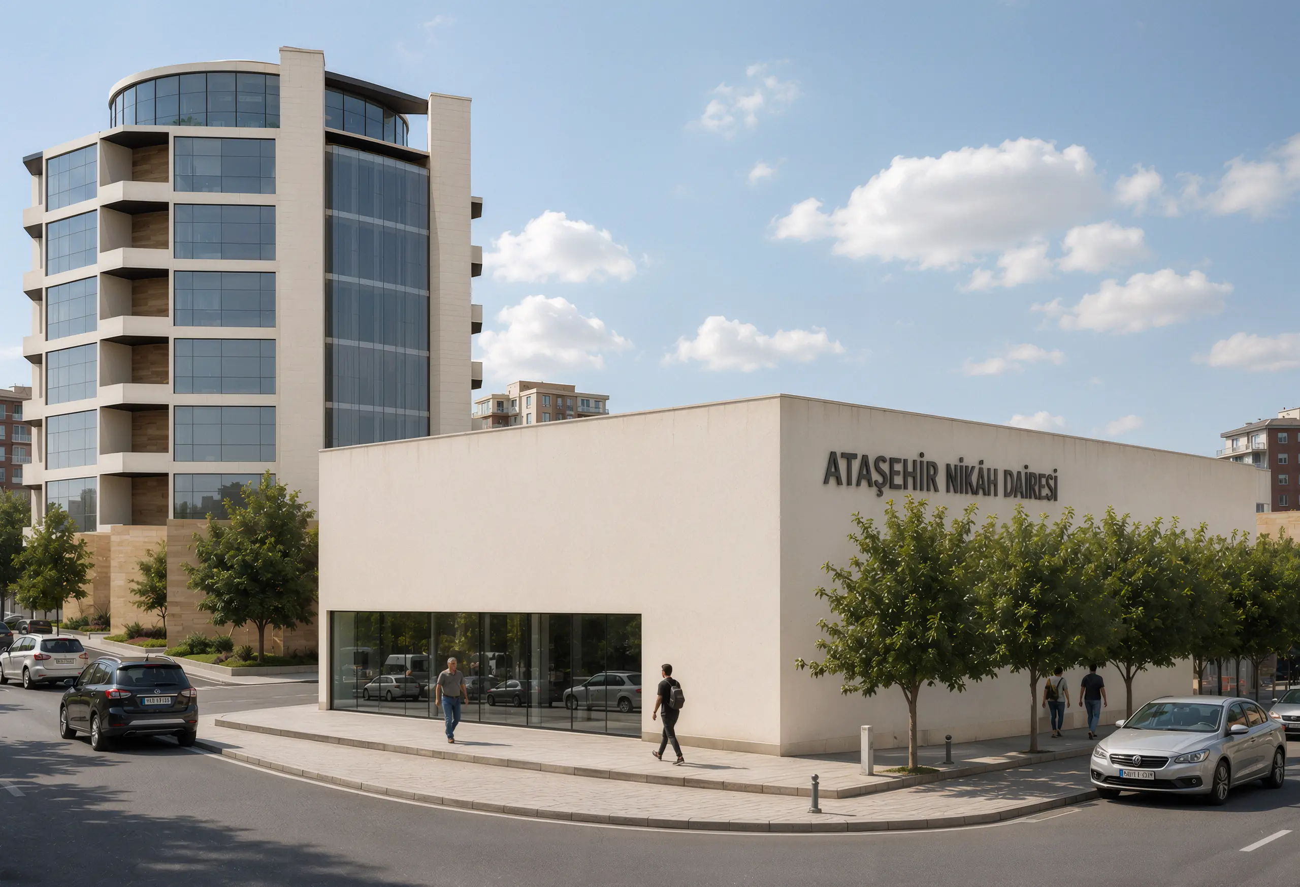 Street view of the Ataşehir wedding centre with its pale stone facade, glazed entrance and hotel tower behind