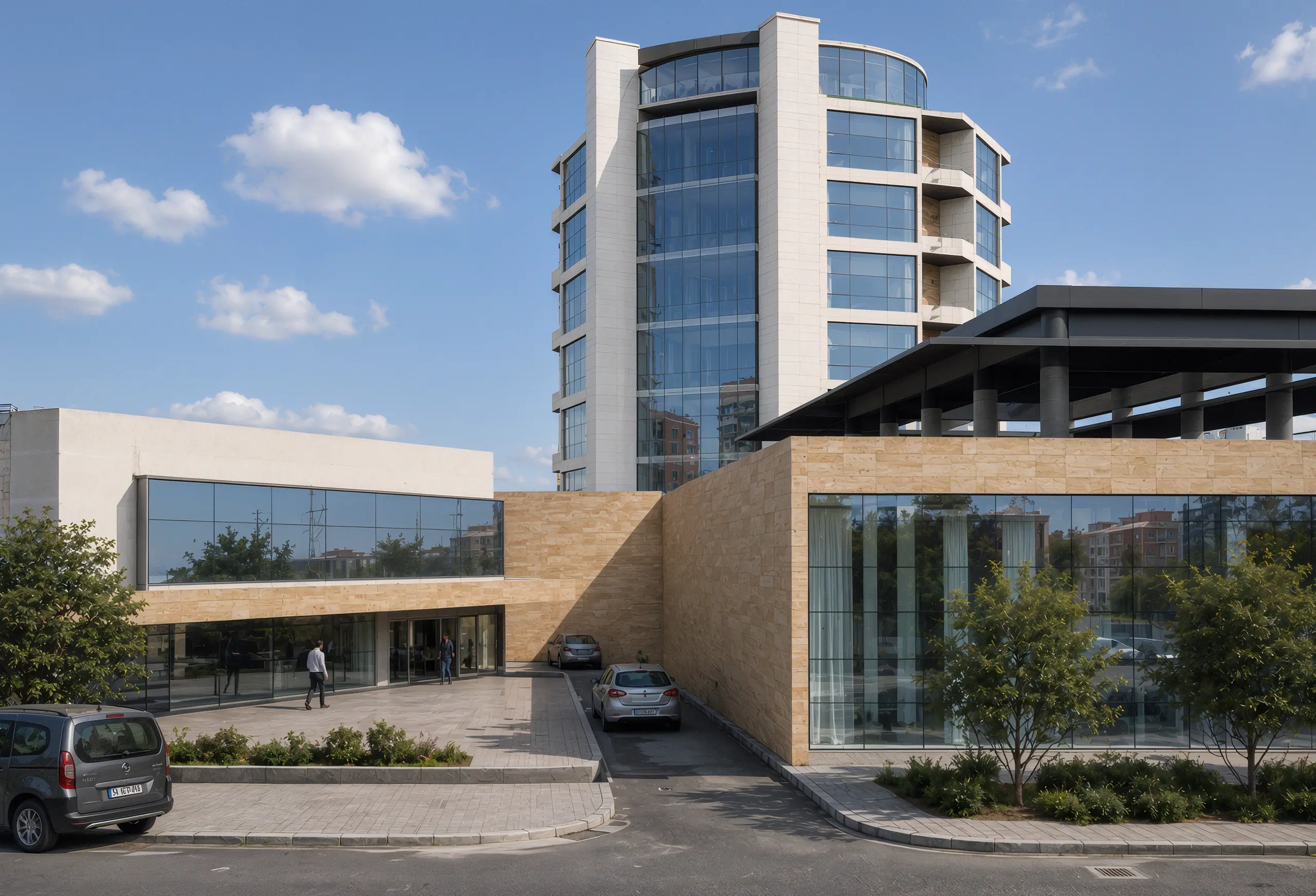 Arrival court between the restaurant, wedding centre and hotel tower with planted edges and an elevated canopy