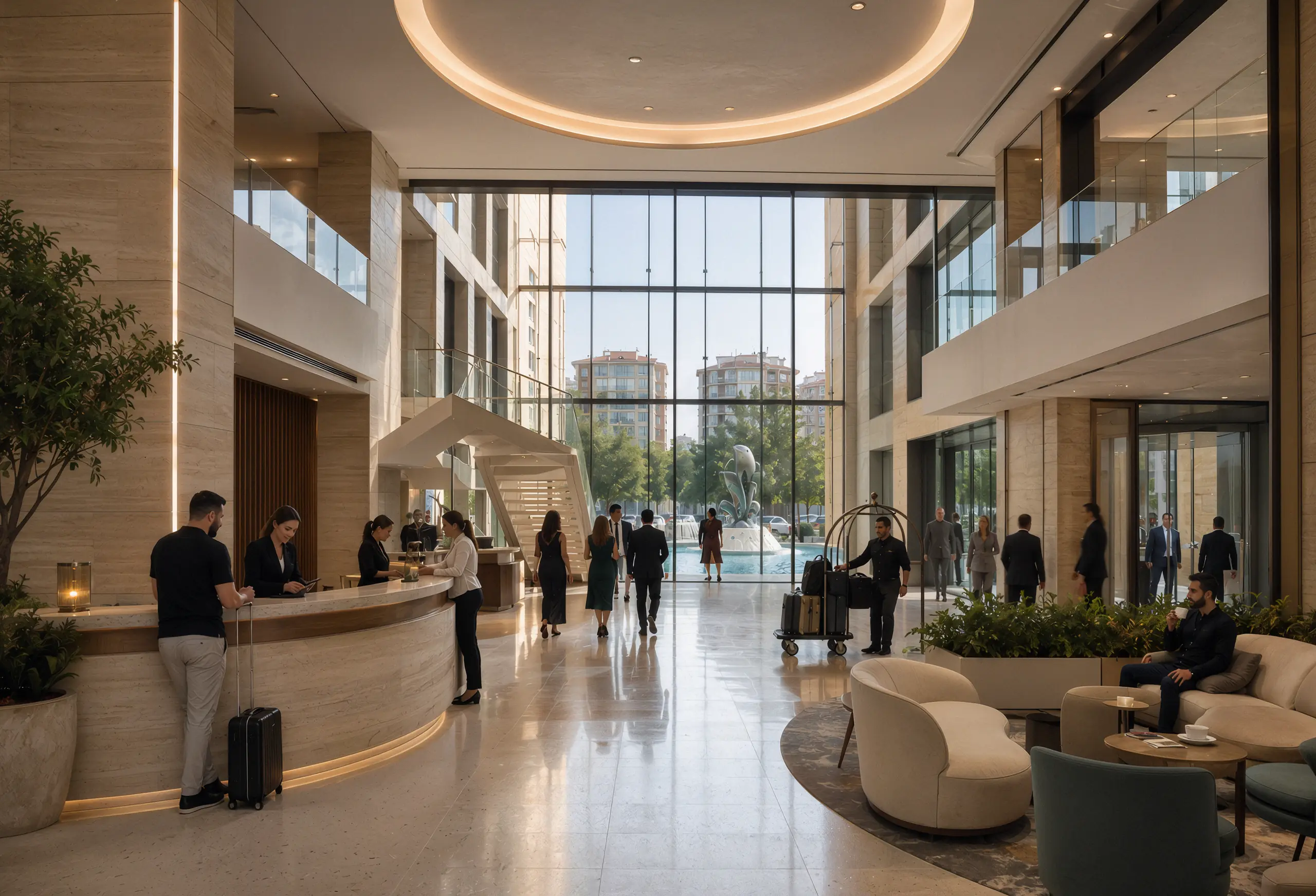 Active double-height hotel lobby with limestone, oak, glazing, reception desk, guests and staff