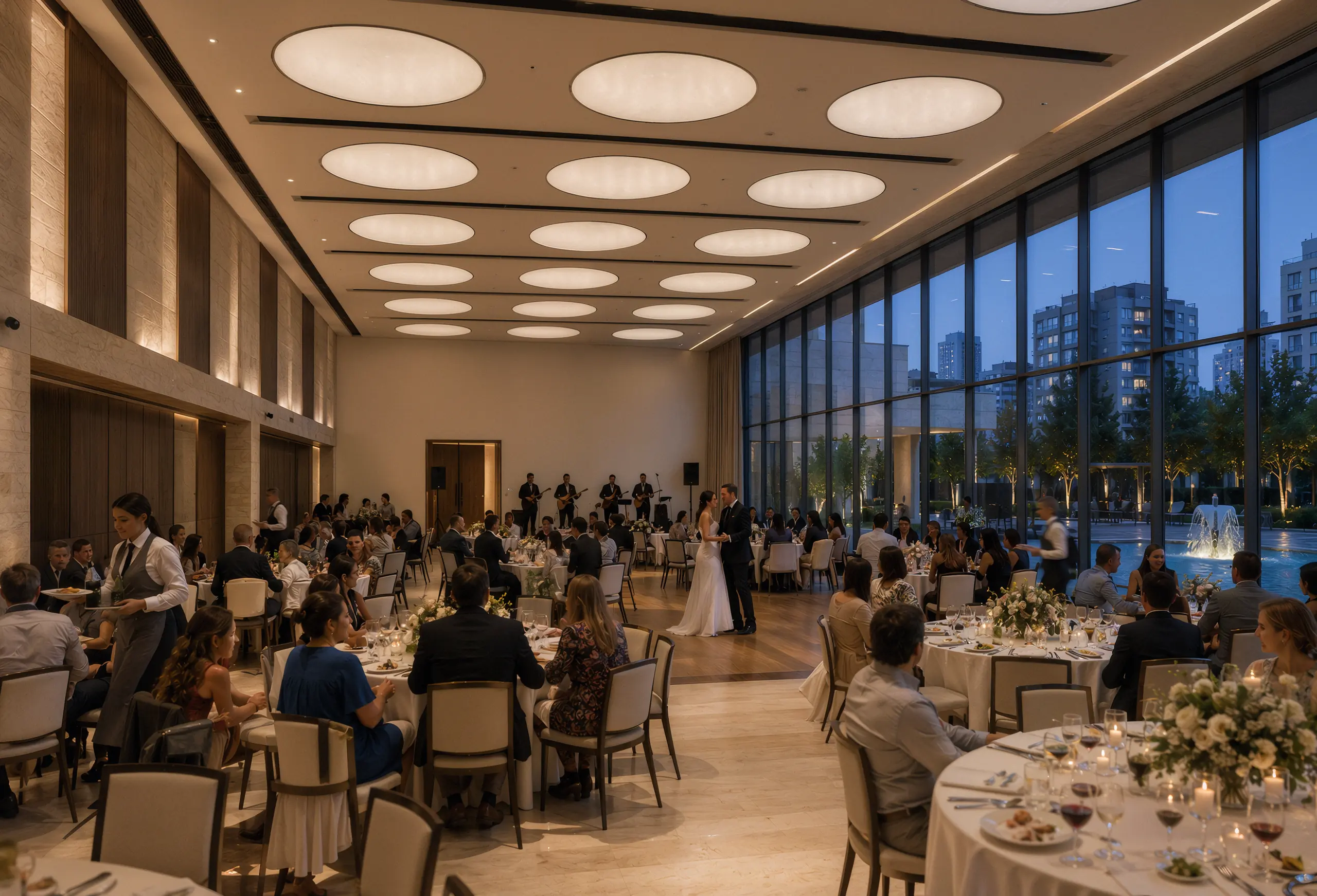 Wedding reception in progress inside the double-height hall beneath circular luminous ceiling panels