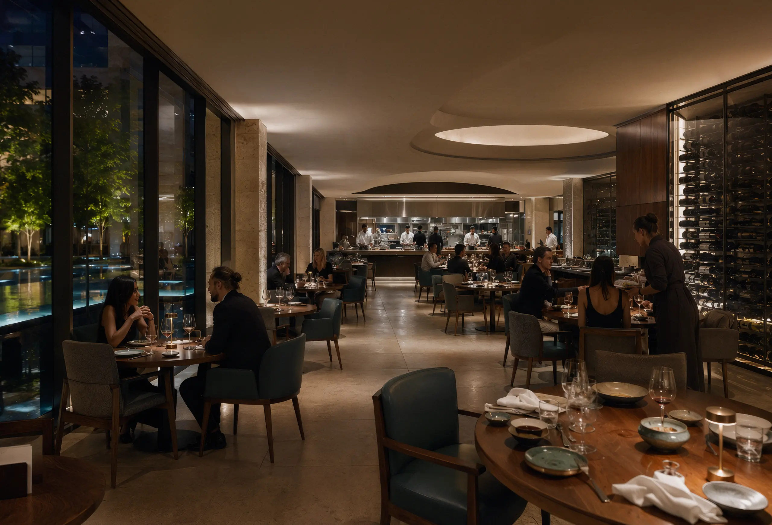 Michelin-level restaurant interior in active evening service with oak tables, bronzed metal, stone and views to the water court