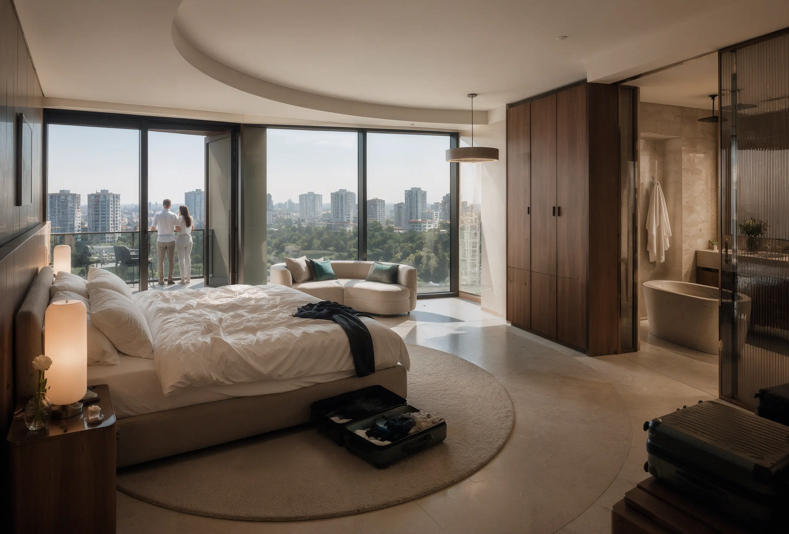 Honeymoon suite overlooking the Ataşehir skyline with a curved sleeping area, lounge, stone floor and timber joinery